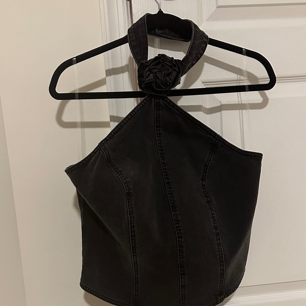 NWT Dark denim Halter Top with Floral Detail